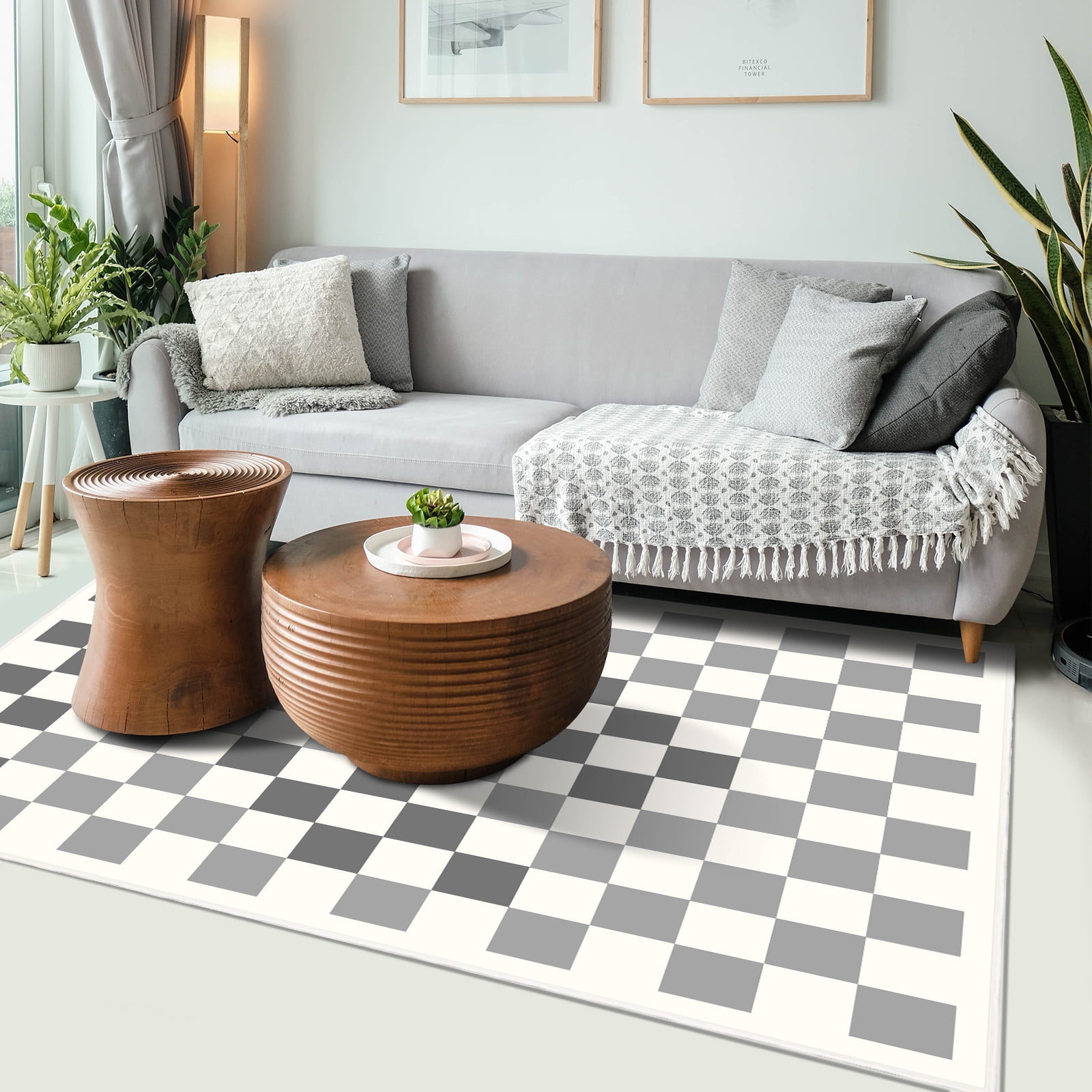 Area Rugs for Bedroom Living Room, 5' x 6.6' Ft Checkered Rug Retro Checkerboard Moroccan Rug Lightweight Outdoor Washable Carpet Rustic Decor for Living Room Bedroom Kitchen Patio(Black/Gray)
