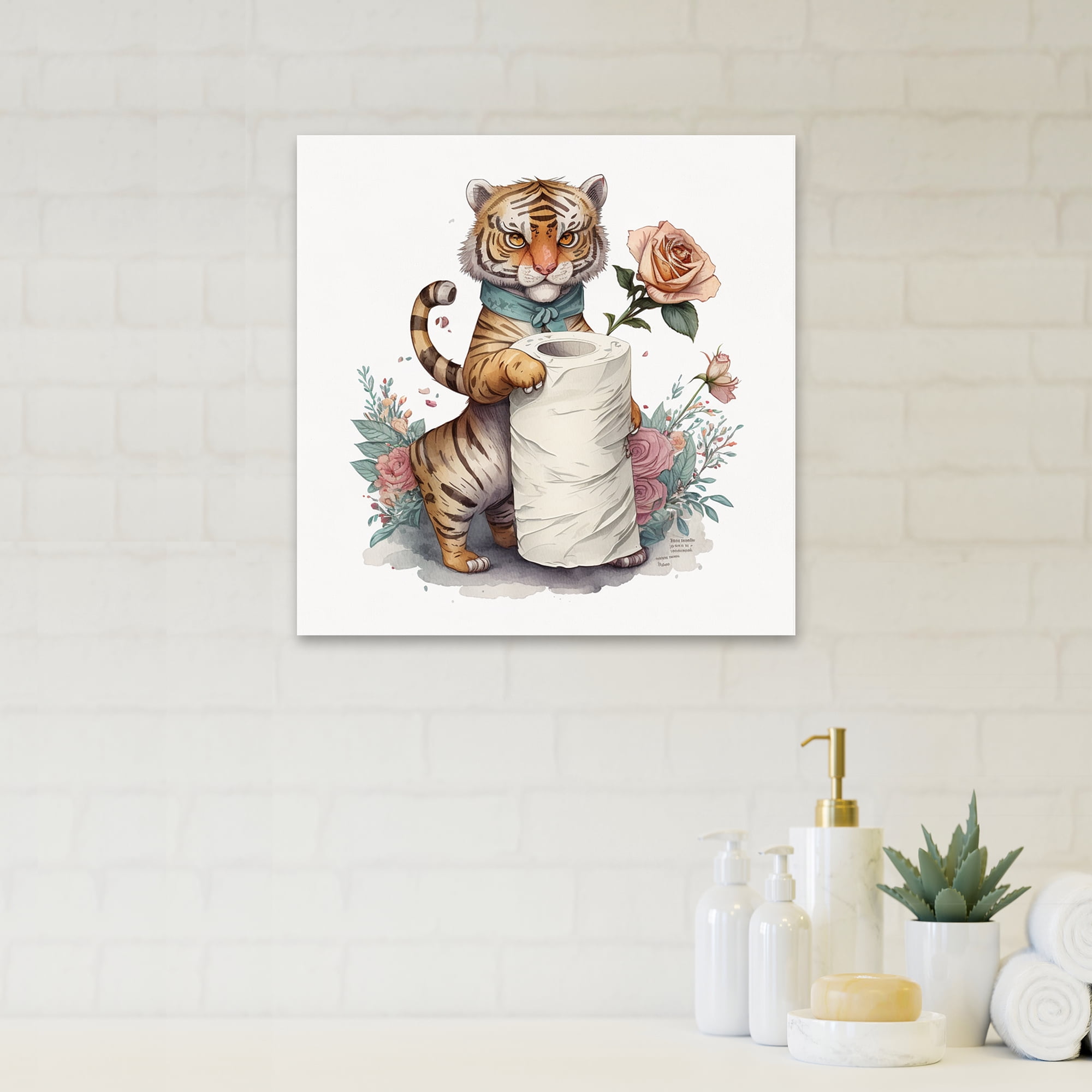 Designart Tiger With Roll Of Toilet Paper And Flowers I Canvas Wall Art