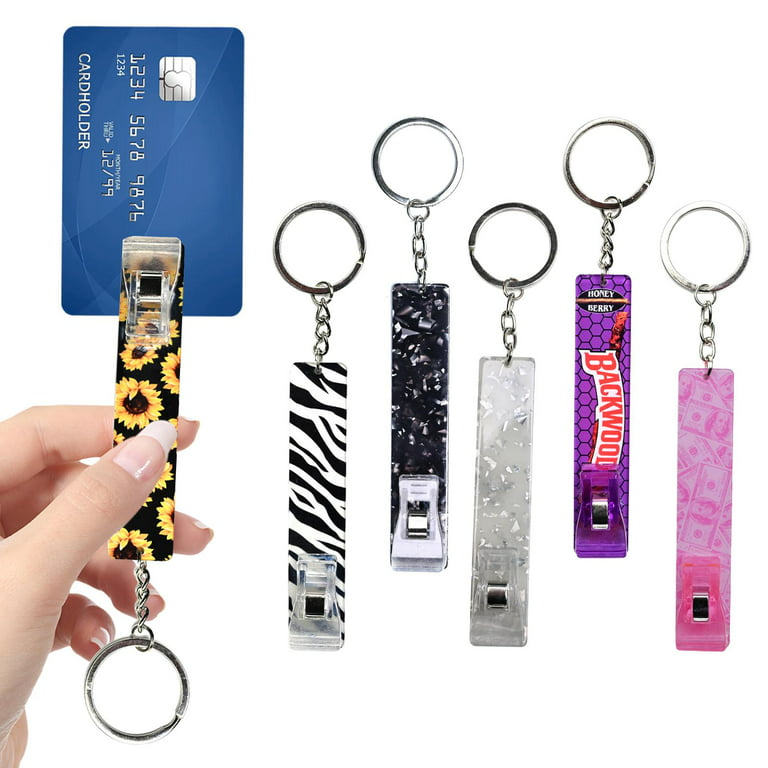 Generic Credit Card Grabber for Long Nails,Acrylic Debit Bank Card Puller  Keychain for Women Plastic Atm Card Clip and Pom Pom Ball