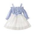 thumbnail image 1 of Vestido de malla de mezclilla para niñas bebés Vestido de fiesta de primavera y verano con cinturón Conjunto de ropa informal floral para niños Trajes de moda para niños pequeños 18-24M (Etiqueta 90) Gao Jinjia LED, 1 of 2