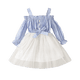 thumbnail image 1 of Vestido de malla de mezclilla para niñas bebés Vestido de fiesta de primavera y verano con cinturón Conjunto de ropa informal floral para niños Trajes de moda para niños pequeños 4T (Etiqueta 120) Gao Jinjia LED, 1 of 2