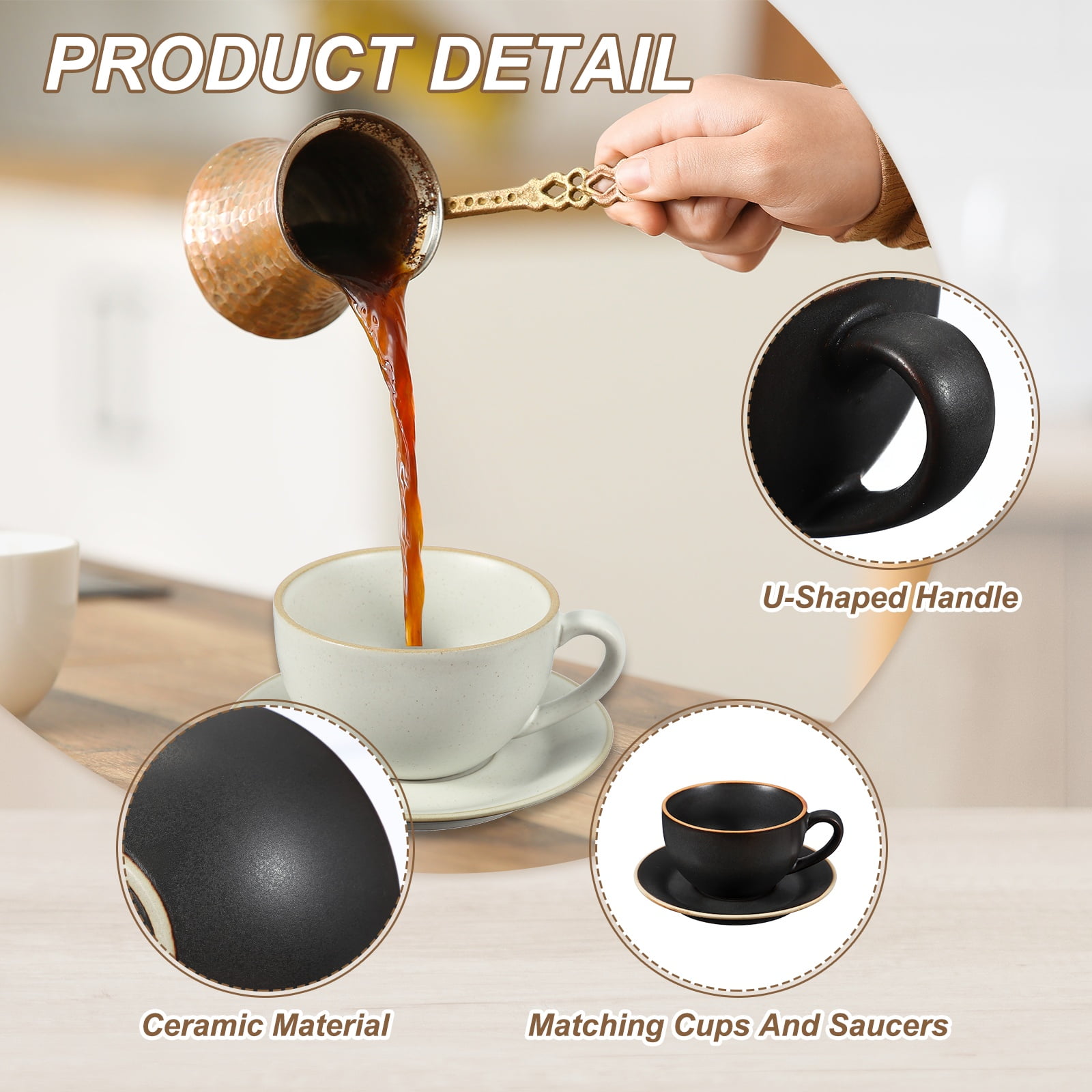 Uxcell Handmade Vintage Espresso Cups, 9.5 oz Coffee Cups and Saucers Ceramic Tea Cup with Handle Dishwasher and Microwave Safe for Latte Cappuccino Milk Office Home Gifts, Morandi Black