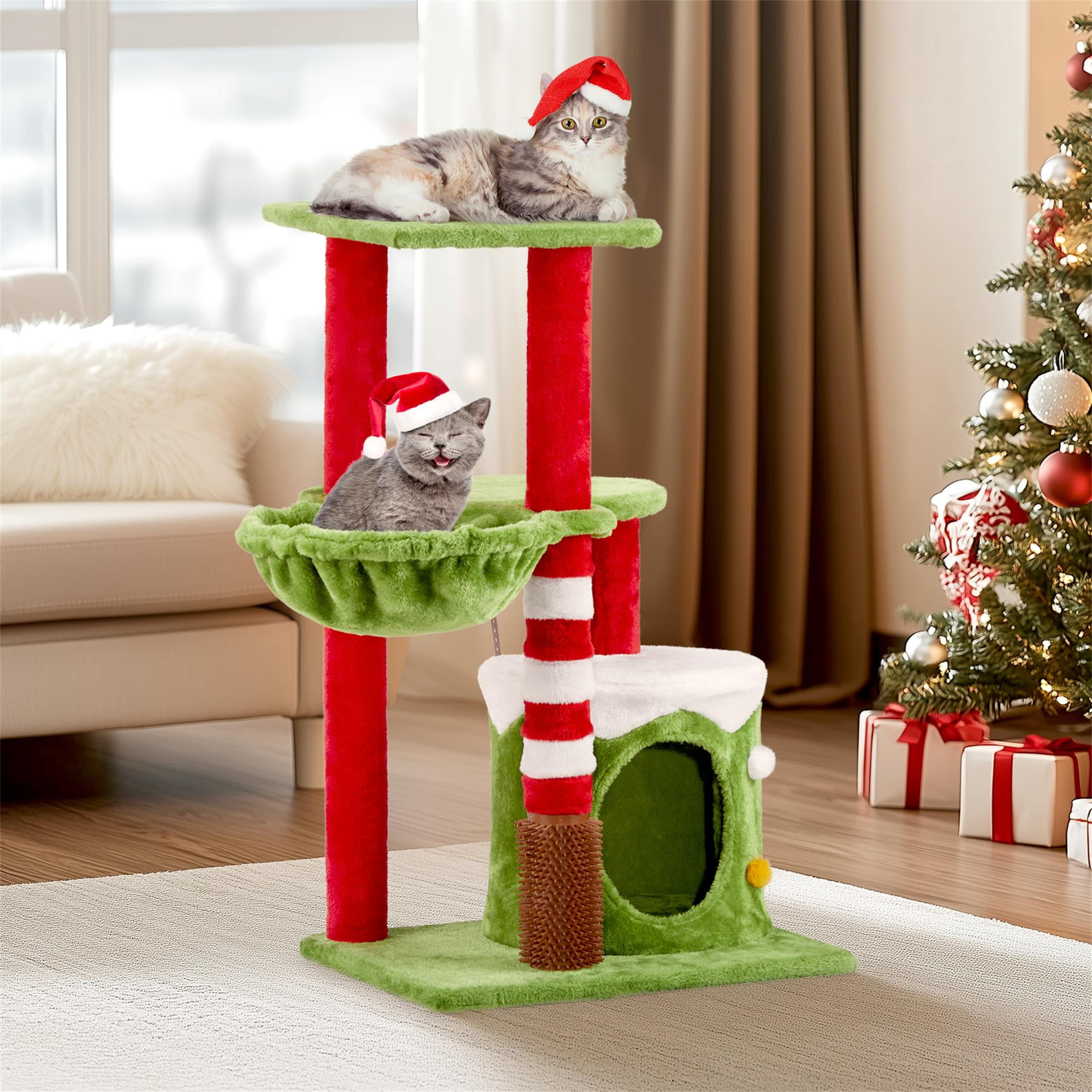 Kadyn 32" Cat Tree with Cat Massage Brush, Cat Tower with Sisal-Covered Scratching Post, Cat Condo and Hammock, for Small Spaces, Kittens, Green
