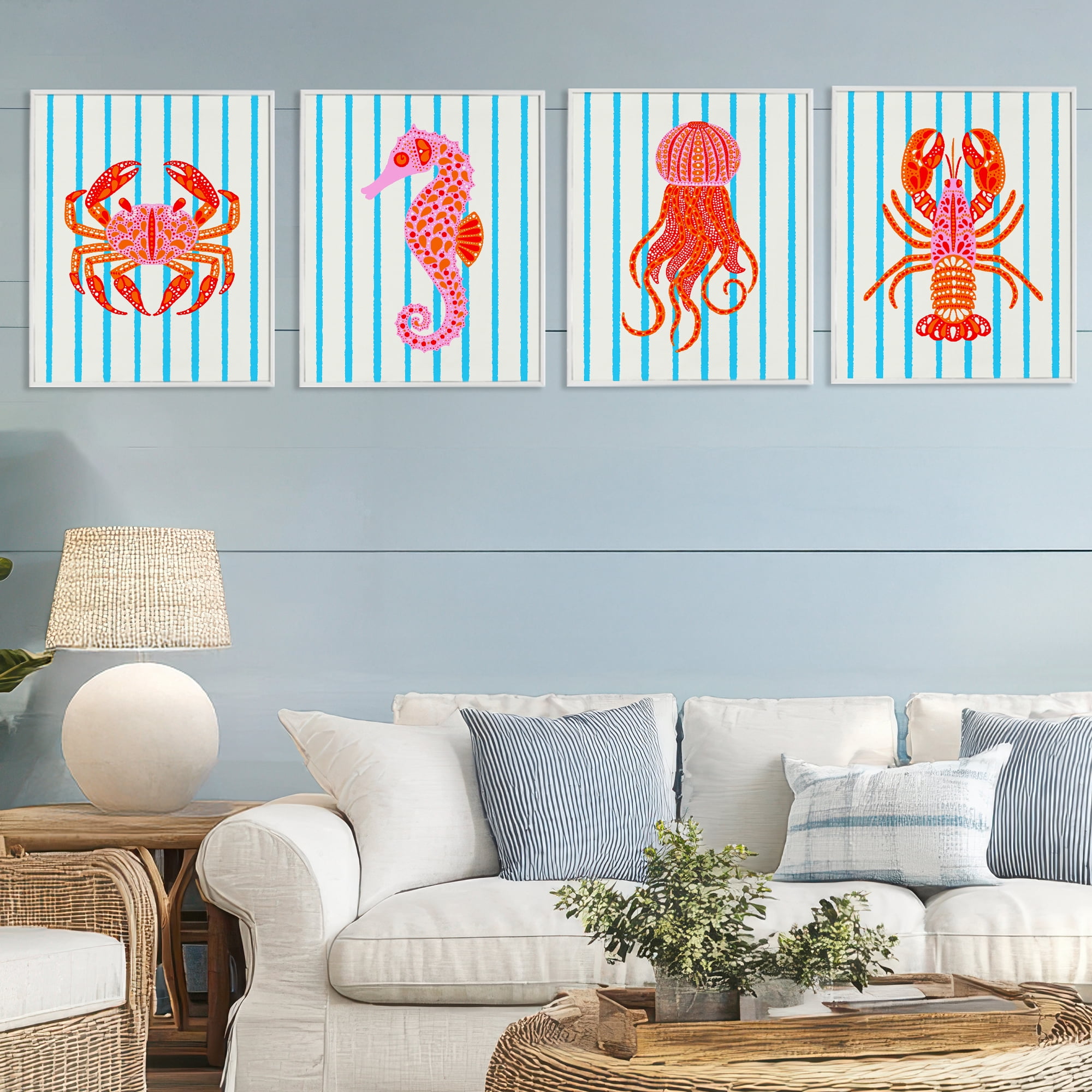 Stupell Industries Bright Sea Creatures on Stripes 4 Piece White Framed Giclee Art Set, design by Indira Prieto | IndySign