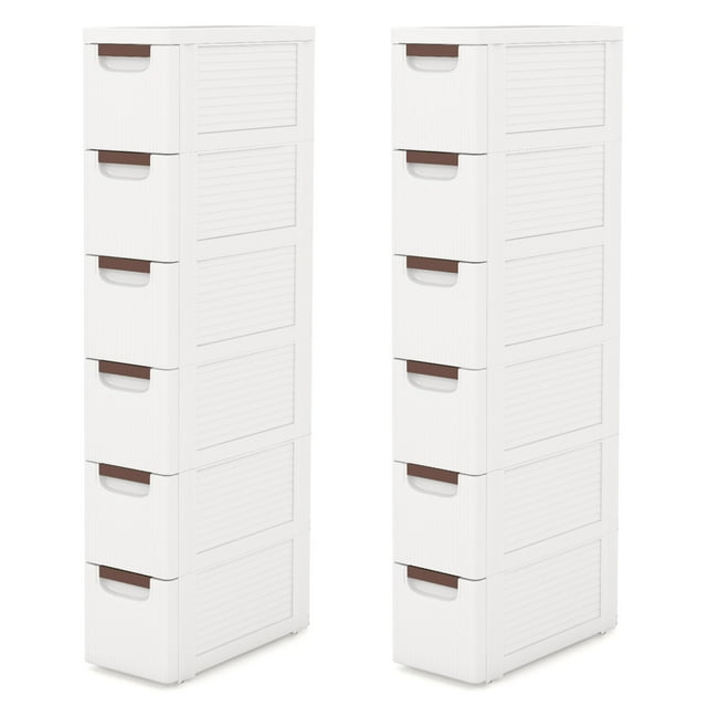 Gymax Armoire de Rangement Étroite à Roulettes 2 Pcs à 6 Tiroirs avec Poignées de Tirage et Roues Intégrées