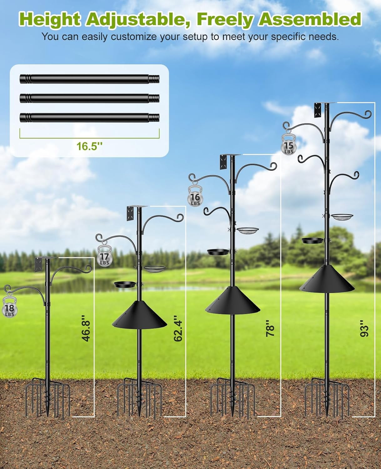 Bird Feeder Pole, 93" Shepherds Hooks Squirrel Proof for Outdoor, Adjustable Heavy Duty Birdhouse Pole Smart Feeder Stand with 4 Hooks & 9 Prongs Base & Squirrel Baffle for Hanging Plant,Garden Decor
