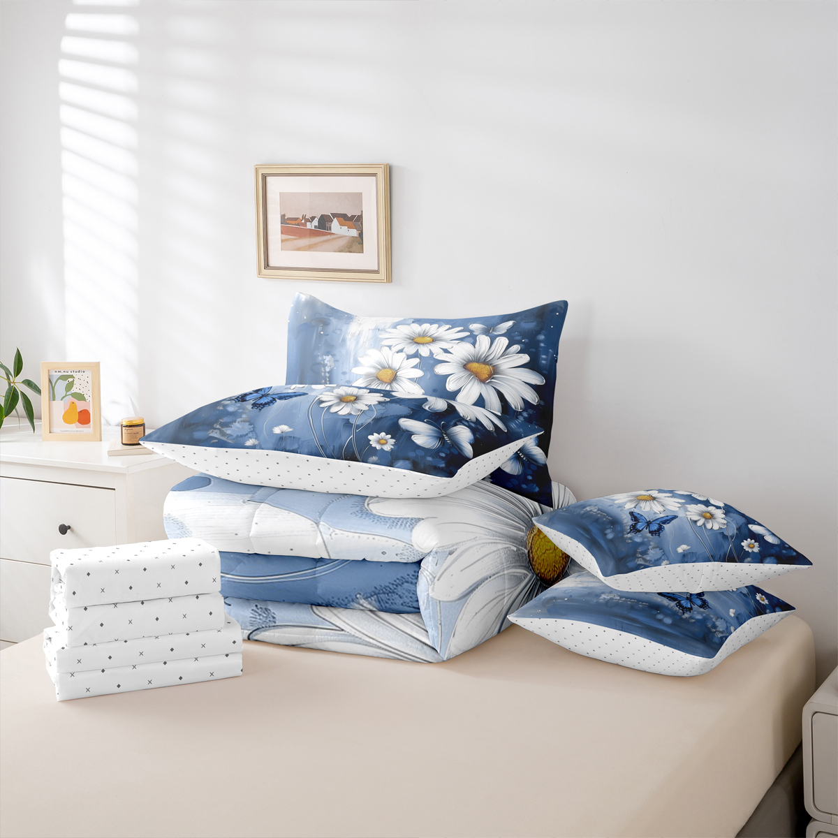 Homewish Cute Cartoon Daisy 7 Pieces Bedding Comforter Set,Rustic Flower Butterfly Full Bedding Set,Blue White Fitted Sheet Flat Sheet For Girls Kids,Microfiber Bedroom Decor Reversible
