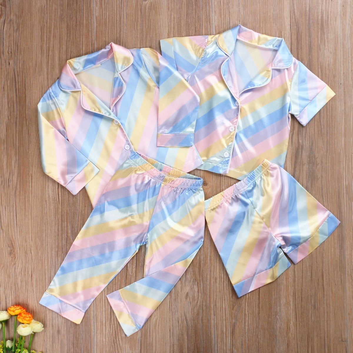 Eyiiye Kids Baby Girls Sleepwear Pajama Sets Rainbow Tie Dye Printed Short Long Sleeve Single Breasted Tops Pants Blue