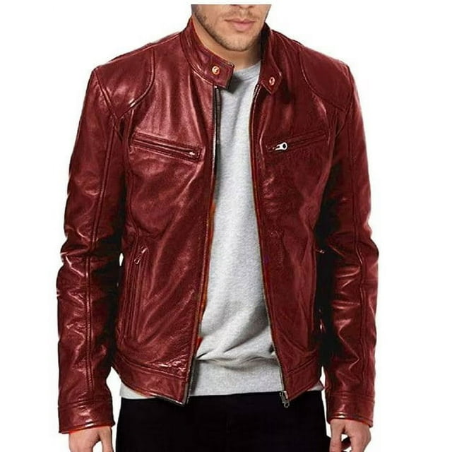 Chaqueta de piel sintética con cuello alto para hombre en estilo de traje de negocios y ajuste ceñido.
