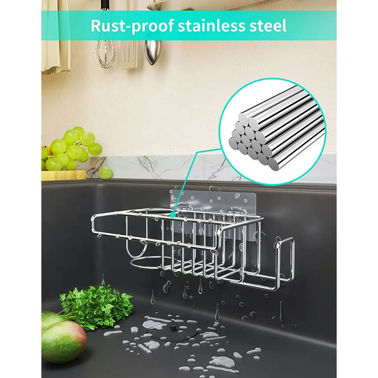 Movable Sponge Holder + Brush Holder + Dish Cloth Hanger, 3-in-1 Sponge  Holder for Kitchen Sink, Hanging Sink Caddy, Small in Sink Organizer  Accessories Rack Basket, 304 Stainless Steel, Never Rust 