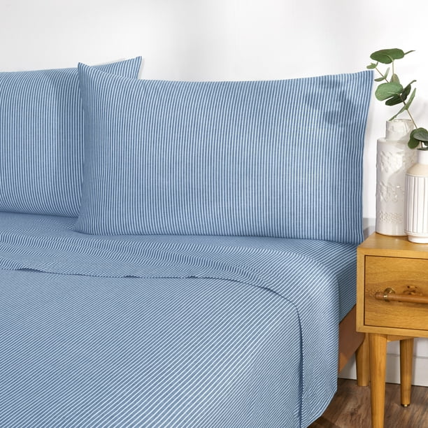 Gap Home Yarn Dyed Organic Cotton Chambray Stripe Bed Sheet Set, Deep Pocket, Full, Blue, 4PC
