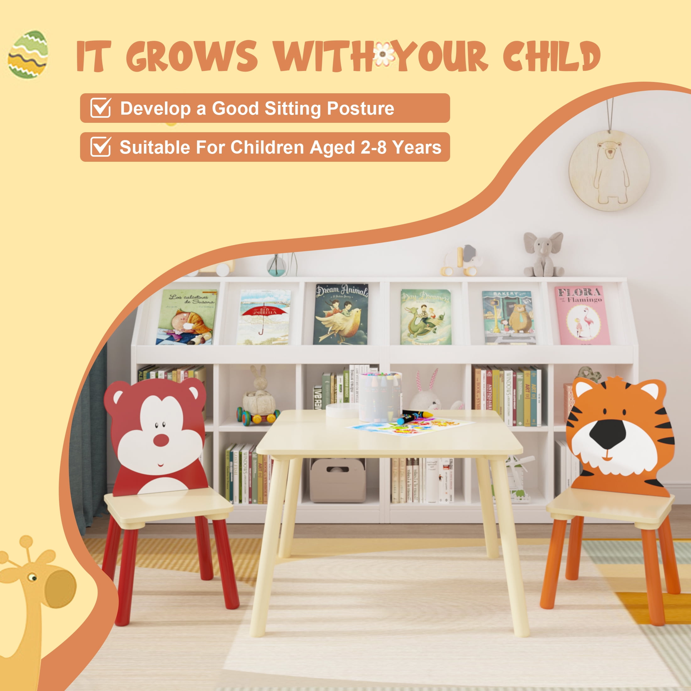 Aukfa Kids Table and Chairs Set, Wooden Play Table with 2 Cartoon Chairs for Toddlers, Girls, Boys