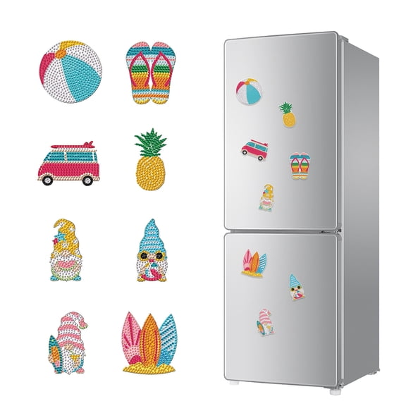 8pcs Diamond Painting Kit Fridge Magnets Beach Gnome DIY Glitter Magnetic Stickers Creative Handmade Fridge Decor Perfect for Kitchen Decor and Holiday Gifts