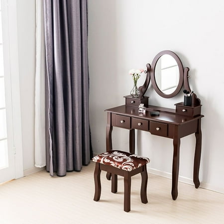 Antique Vanity Desk With Mirror Modern Vanity Wood Makeup Dressing Table Stool Set Jewelry Desk With 5 Drawers & Mirror Brown Finish ()
