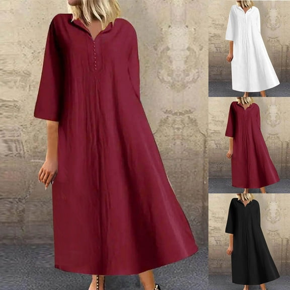 Jacenvly New Sun Dresses for Women 2024 Womens Spring and Summer V-Neck Solid Cotton and Linen Casual Pocket Short Sleeved Dress Comfort Fit Fashion Linen Dresses for Women 2024 Black