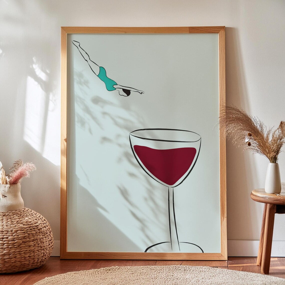 Diving Into Wine Glass Retro Bar Cart Wall Art Poster