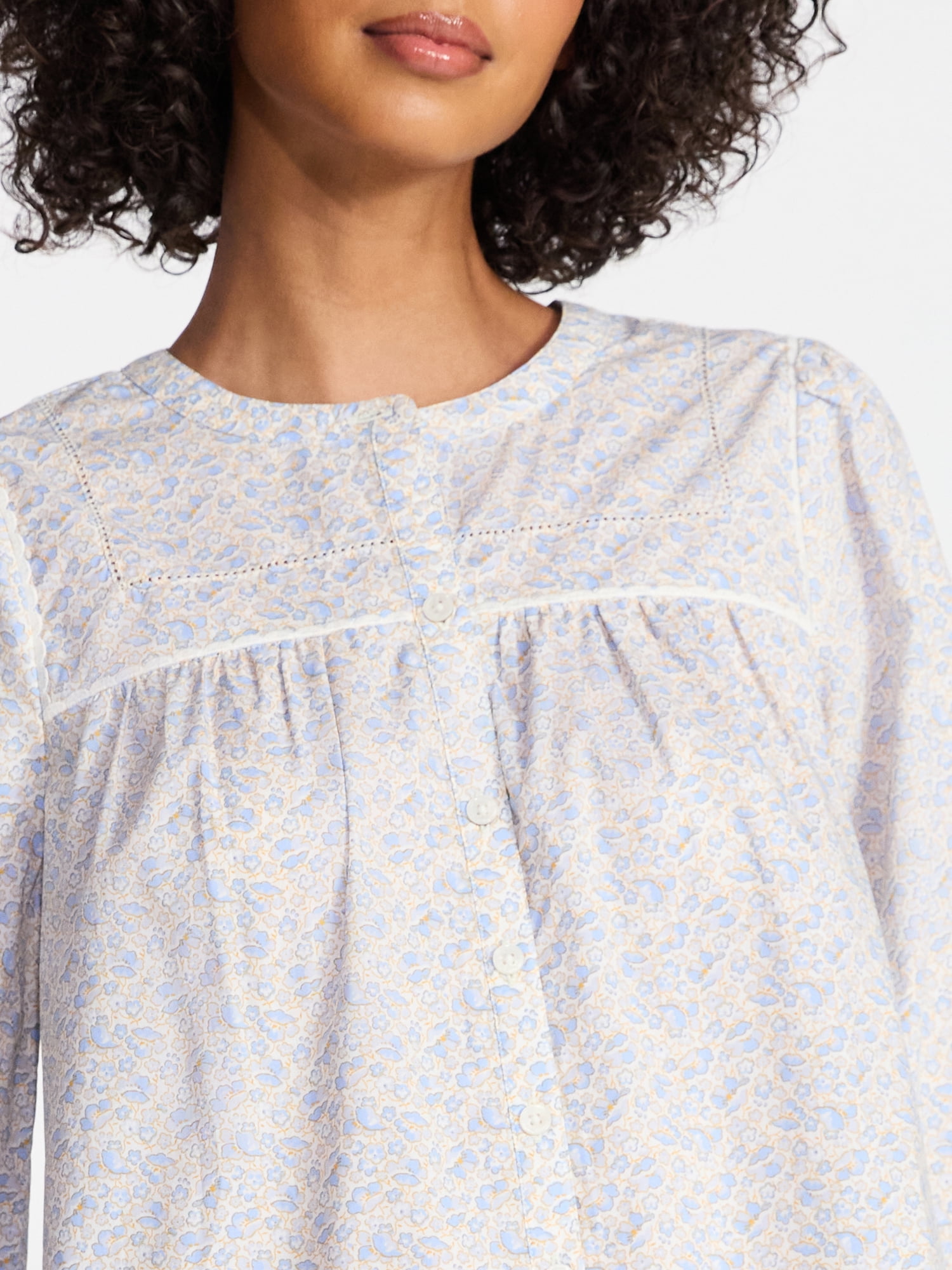 Time and Tru Women's Embroidered Cotton Button Front Shirt with Long Sleeves, Sizes XS-XXXL