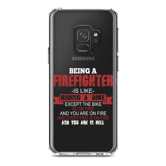 DistinctInk Clear Shockproof Hybrid Case for Samsung Galaxy S9 (5.8" Screen) - TPU Bumper Acrylic Back Tempered Glass Screen Protector - Being a Firefighter is Like Riding A Bike On Fire