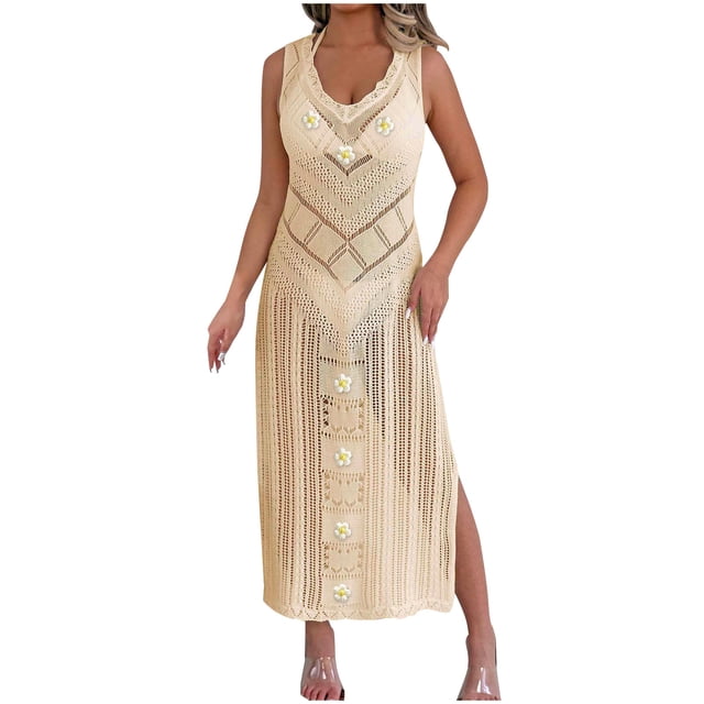 Besolor Robe Maxi Crochet Sans Manches pour Femmes, Robe Longue en Tricot à Fleurs Ajourée, Maillot de Bain de Plage