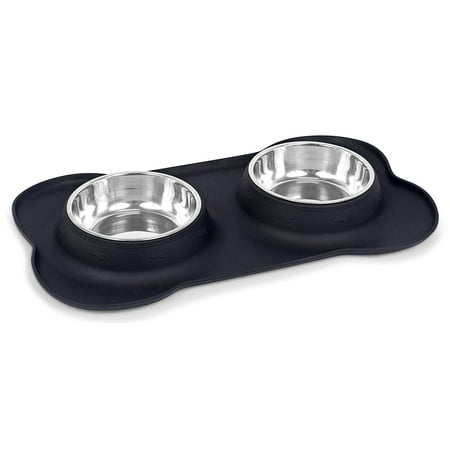 Internet's Best Bone Dog Bowl Set | Double Stainless Steel Pet Food Water Bowls | No Spill Silicone Stand | Small Pets |