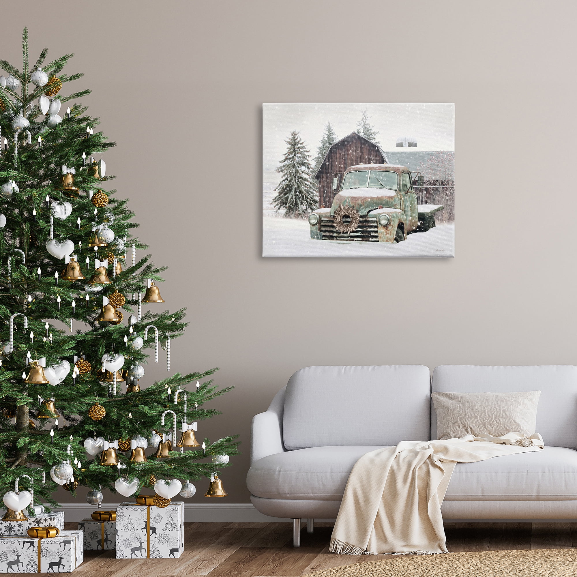 Rural Vintage Truck & Barn Snowy Winter Landscape Transportation Painting Gallery-Wrapped Canvas Print Wall Art