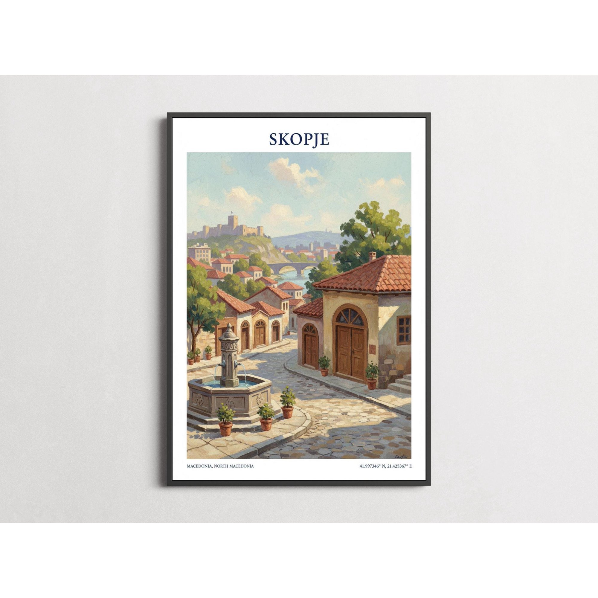 Skopje Fountain Scene Mediterranean Village Travel Terracotta And Olive Green Decorative Wall Art Poster , Poster Print Only