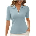 thumbnail image 1 of Pisexur Tops pour Femmes Couleur Unie Col Rabattu Fermeture Éclair T-Shirts à Manches Courtes pour Femmes Mode Coupe Ajustée Hauts de Sortie Tenue de Bureau Décontractée Chemisiers Habillés pour Femmes P-2TG Bleu, 1 of 7