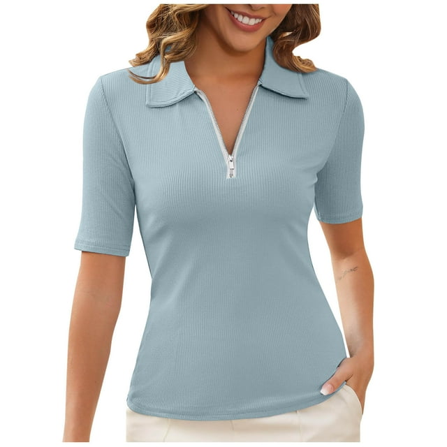 Pisexur Tops pour Femmes Couleur Unie Col Rabattu Fermeture Éclair T-Shirts à Manches Courtes pour Femmes Mode Coupe Ajustée Hauts de Sortie Tenue de Bureau Décontractée Chemisiers Habillés pour Femmes P-2TG Bleu
