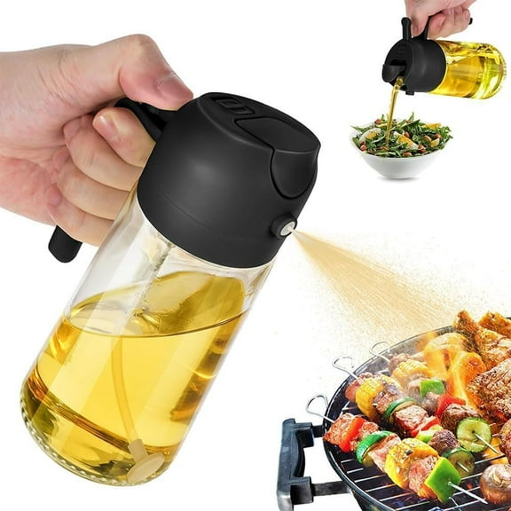 Oil Sprayer for Kitchen, 2 in 1 Olive Oil Dispenser Bottle for Cooking, 17oz Premium Glass Oil Bottle, Food-grade Oil Mister for Salad, Frying, BBQ(Black)