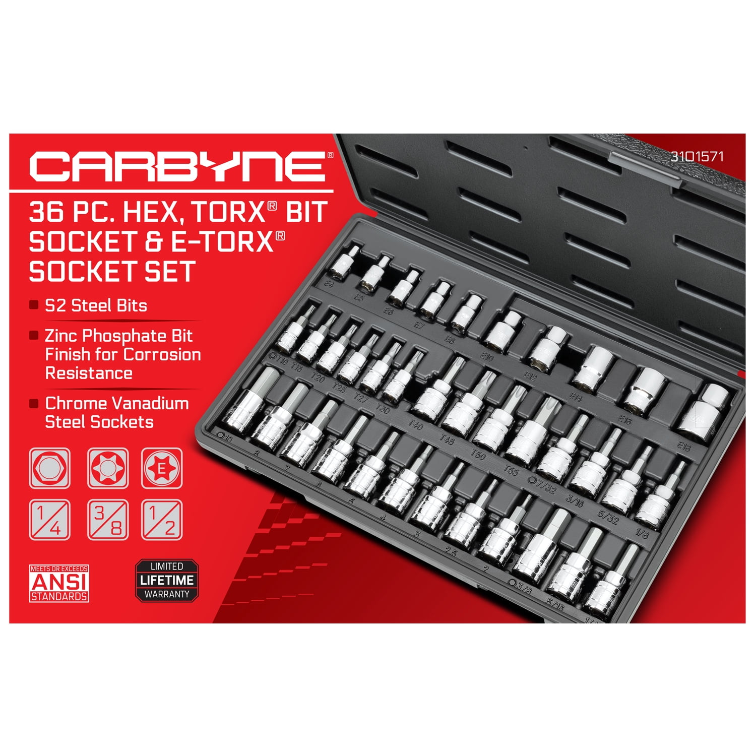 Carbyne 36-Piece Hex (Allen) Torx Bit Socket and E-Torx Set, SAE and Metric, S2 Steel Bits, CrV Sockets, 1/4 in. 3/8 in. 1/2 in. Drive