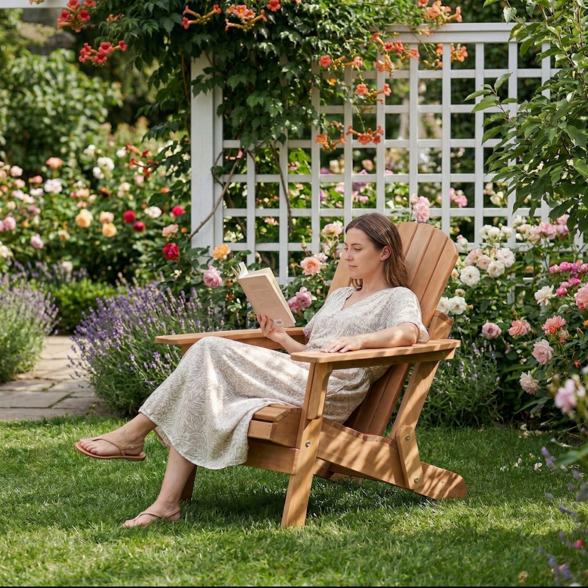 Oversized Embossed Wooden Outdoor Folding Adirondack Chair with Pre-Assembled Backrest & Seat Board, Patio Fire Pit Chair for Backyard, Porch, Poolside & Deck,Light Brown