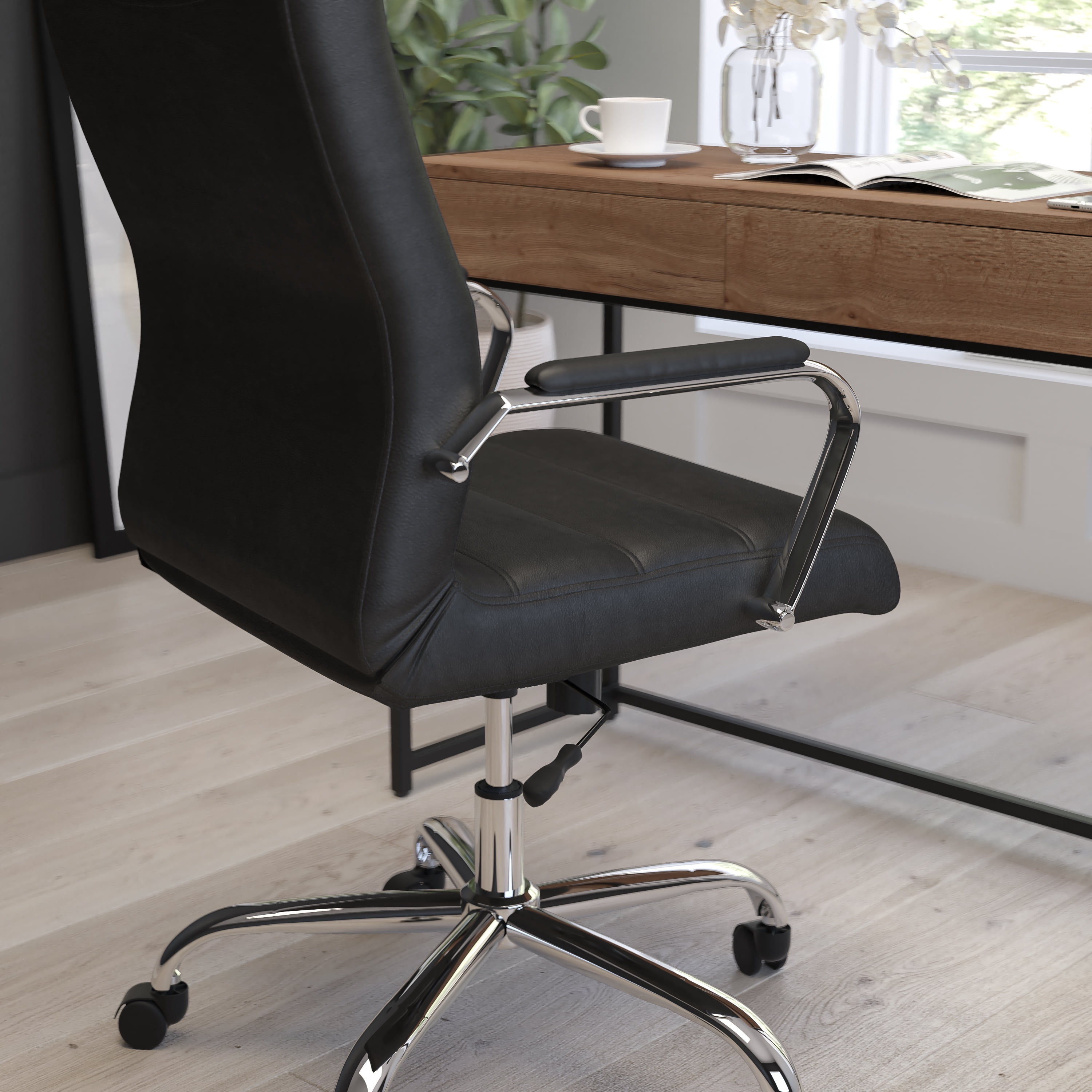 Merrick Lane Contemporary Mid-Back Black Faux Leather Home Office Chair with Padded Chrome Arms