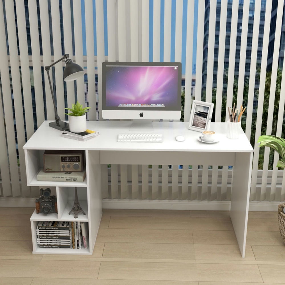 Demi Bonn Modern Computer Desk with 3 Tier Storage Shelves for Home Office Desk Study Writing Table, White