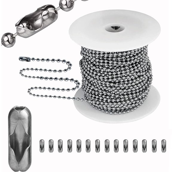 Tutuviw 10m/32.8ft Beaded Ball Chain, 2.4mm Stainless Steel Pull Chain Extension with 20 Pcs Connectors, Steel Ball Chain Bead for Tag Chain, Bracelet, Keychain Rings, DIY Crafts, Silver