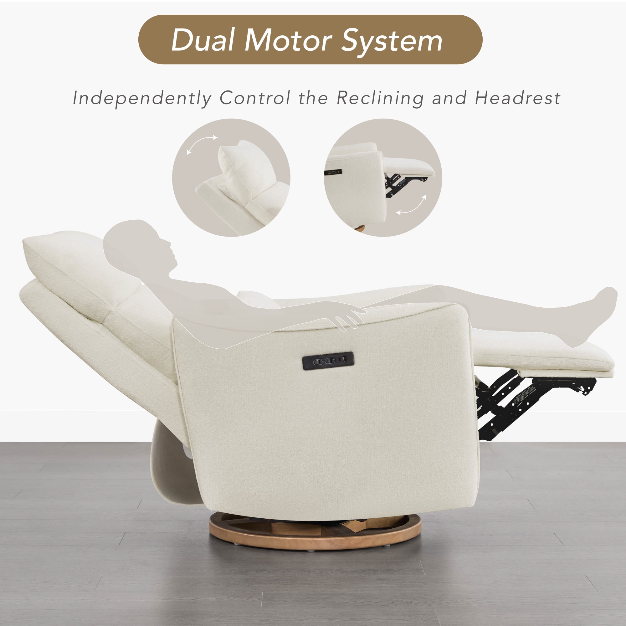 Spruce & Spring Dual-Motor Power Swivel Recliner with Lumbar Pillow for Nursery & Living Room, Cream