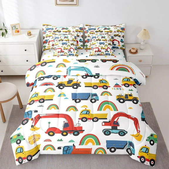 Erosebridal Construction Truck Bedding Sets, Cartoon Car Comforter Sets with Sheets, Rainbow Reversible Bed Sheets Set, Ultra Soft Bedroom Decor, 7-Piece