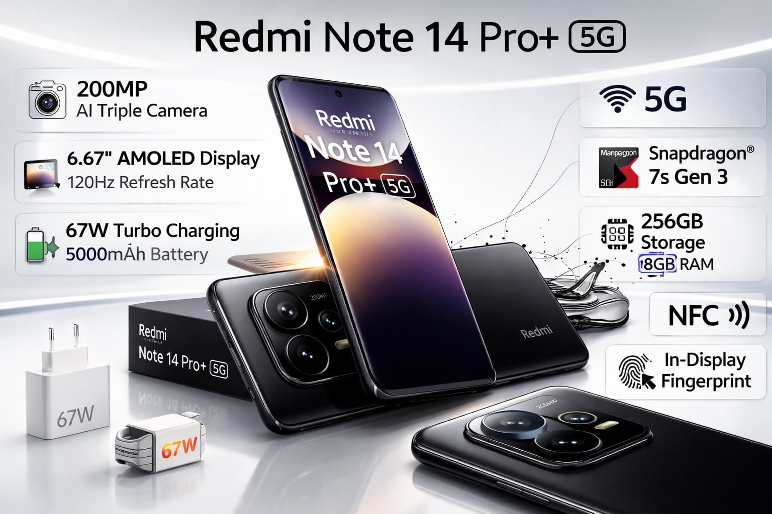 Xiaomi Redmi Note 14 Pro+ Plus 5G + 4G LTE for Tmobile Mint Tello & Global 256GB + 8GB NFC 6.67" 120Hz 200MP Pro AI Camera Model 24115RA8EG Unlocked Dual Sim Midnight Black Midnight Black