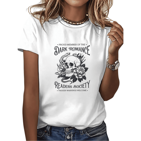 White Dark Romance Readers Society Skull Snake Peony Flowers Book Lover Print Tshirt Graphic Tees Shirts Tops S-5XL