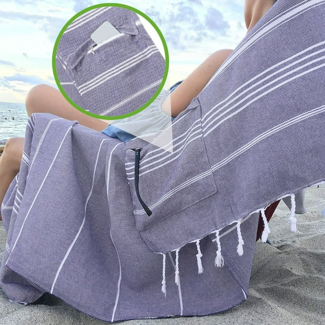 Serviette de Plage Carrée avec Poche à Fermeture Éclair Dissimulée, Grande Serviette de Bain à Rayures à Franges, Sans Sable, Absorbante et à Séchage Rapide, Multifonction pour Plage Piscine Camping