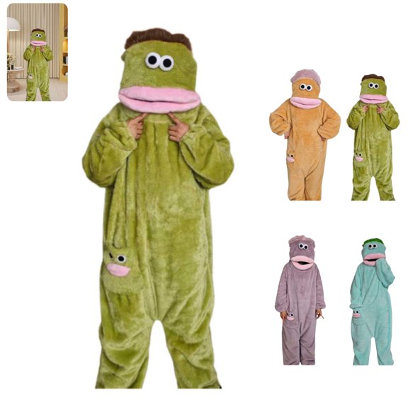 Silly Goofy Onesie for Adults - Frog Onesie Funny Monster Pajamas Fleece Jumpsuit Hooded Cozy Loose Fit Plush Loungewear (No Shoes Included and Comb) Green S