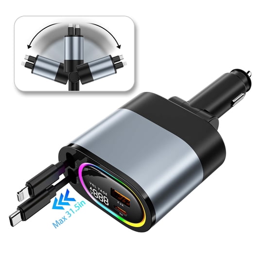 HOIFA 4 In 1 Retractable Fast Car Charger with iPhone and Type C Cord 2.6ft, Dual USB Ports, RGB Light, for SUV RV Truck, Car Accessories for Women Men, Gray