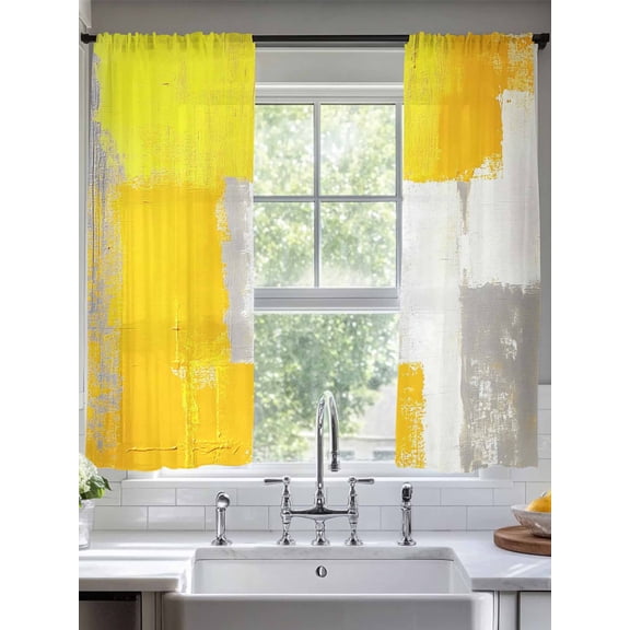 Yellow Gray Sheer Curtains 63 Inches Long 2 Panels Graffiti Art Color Block Abstract Modern Geometric Light Filtering Semi Sheer Window Curtains Drapes for Bedroom Living Room 52"x63"