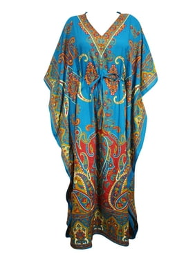 Mogul Women Blue Long Kaftan Dress Floral Print Tunic Long Maxi Kimono Caftan Gown Nightdress, Boho Beach Bikini Cover Up Maternity Plus Size