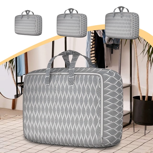 Bolsa de almacenamiento resistente - Organizador de colchas y ropa sobredimensionadas, asas reforzadas, doble cremallera gruesa, algodón impermeable, plegable, 70x50x25cm, gris, que ahorra espacio