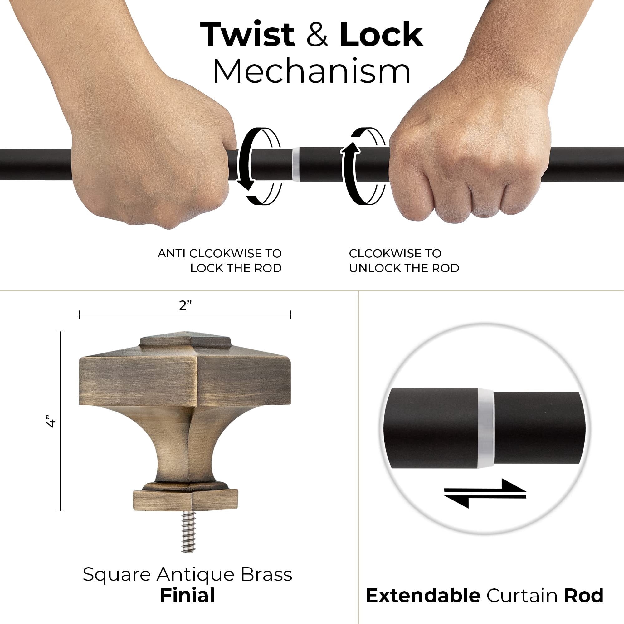Deco Window 36 to 66 inches Extendable Double Curtain Rod for Door with Square Finials (19mm Dia, Antique Brass)