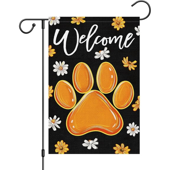 Welcome Dog Paw Garden Flag 12 x 18 Inch Double Sided, Daisy Floral Pet Yard Flag for Outdoor Porch Lawn Patio Garden Spring Summer Decor