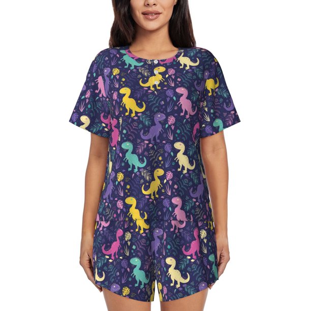 Balery Colorful Dinosaur Conjunto de Pijama para Mujer con Estampado, Dos Piezas de Manga Corta y Shorts, Ropa de Dormir Suave con Cuello Redondo y Bolsillos-4X-Large