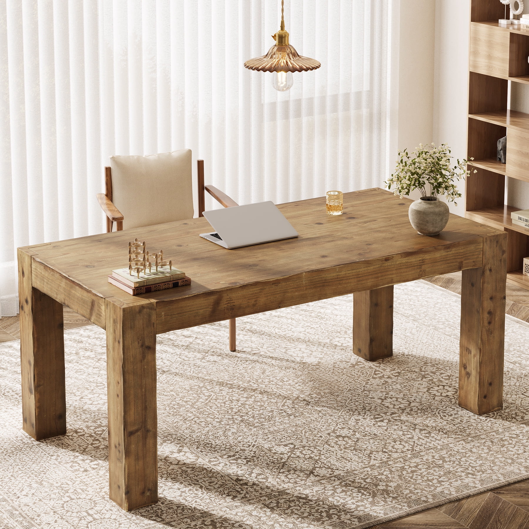Tribesigns Solid Wood Executive Desk, 63-Inch Real Wooden Home Office Computer Desk, Farmhouse Writing Study Table Business Workstation for Home Office, Brown