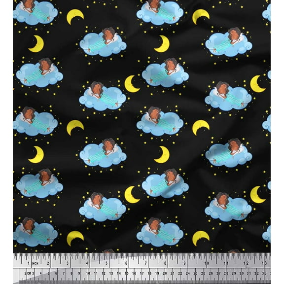 Soimoi Black Cotton Voile Fabric Star,Cloud & Sleepy Girl Printed Craft Fabric by the Yard 42 Inch Wide