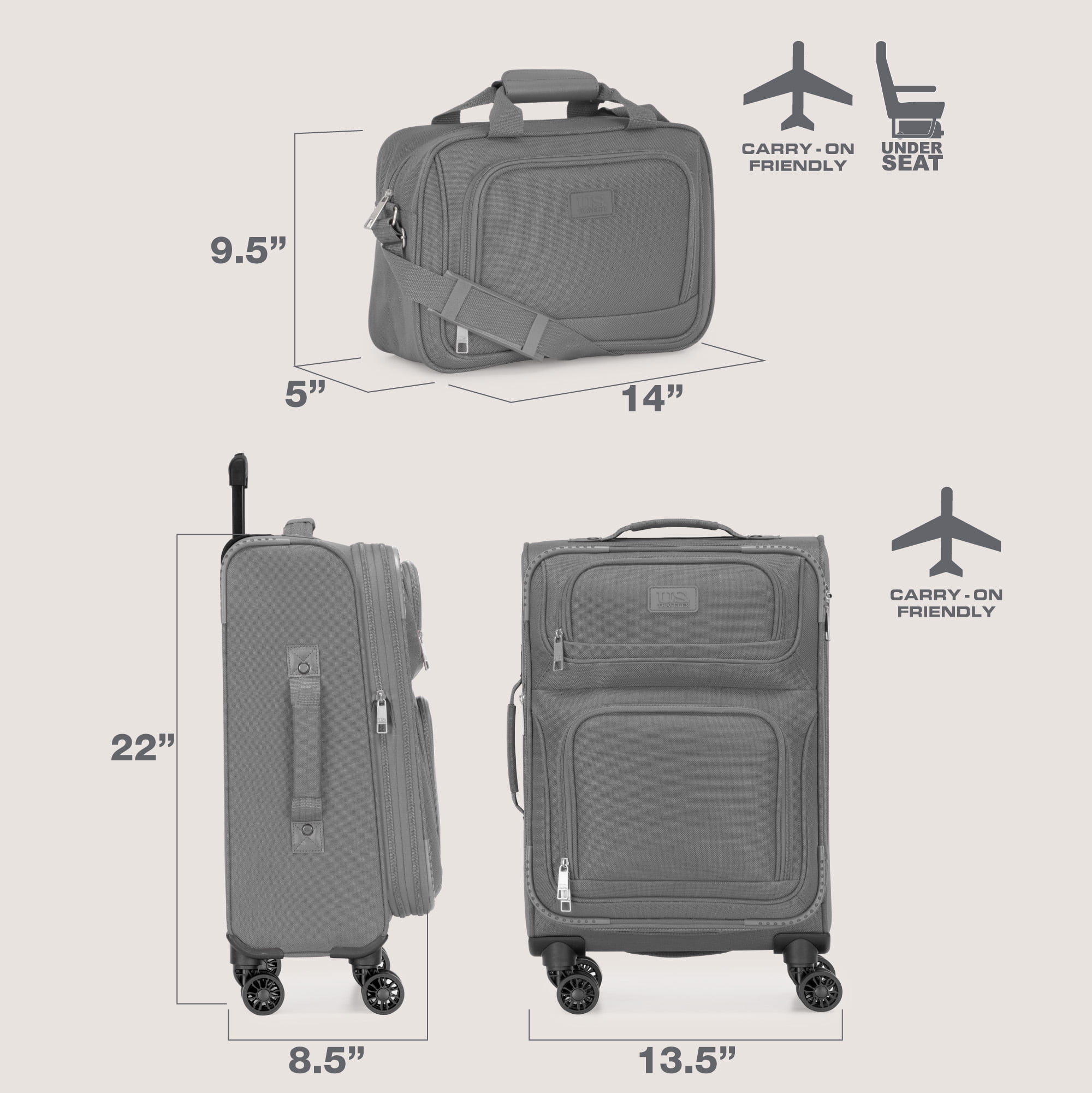U.S. Traveler Rio 2-Piece Expandable Softside Carry-on Luggage Set - Spinner Wheels, TSA-Approved, Tote Bag, Lightweight Travel Suitcase, Gray (22/14)